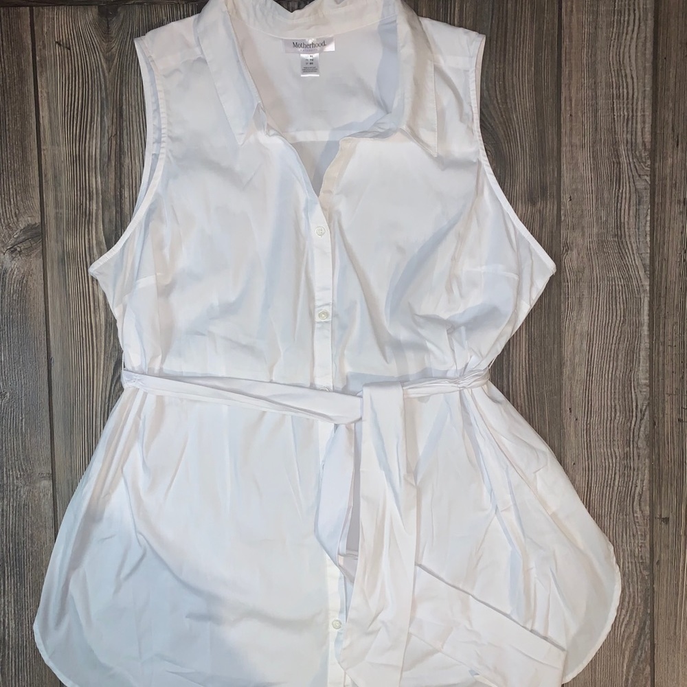Motherhood Maternity White Sleeveless Tie-Waist Button Front Blouse